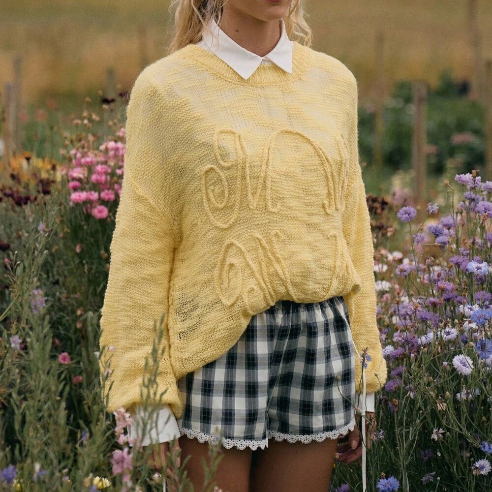 Yellow Casual Women's Crew Neck Embroidery Knit Sweater Top